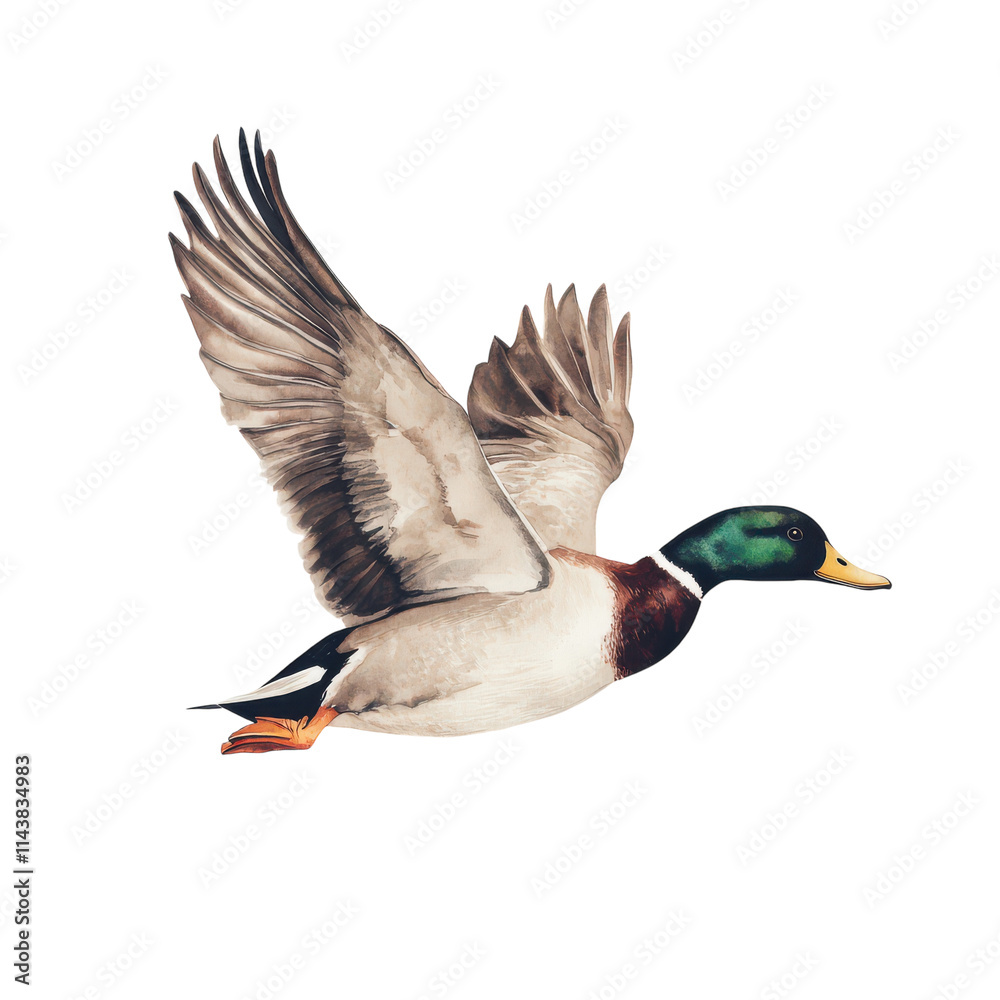 Duck in Flight Isolated on White Background for Use in Nature and Wildlife Projects and transparent background Duck in Flight Isolated on White Background for Use in Nature and Wildlife Projects and transparent background