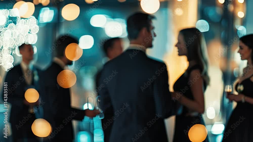 Elegant Evening Gathering:  Sophisticated group of people socializing at a glamorous event, bokeh lights creating a luxurious ambiance.