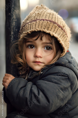 Child's innocence on the streets for International day of street children awareness and advocacy. Children Day. Vertical poster photo