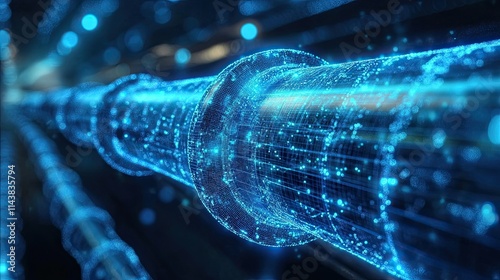 A digital representation water pipeline incorporating AI ML IoT smart leak detection highlighting advanced technology water management maintenance efficient resource use