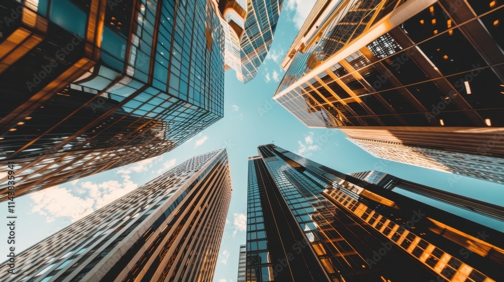 Obraz premium Vertical buildings viewed from underneath, emphasizing their towering structure and architectural design. Bright, natural lighting.