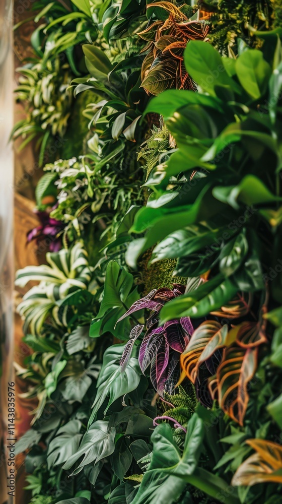 Vertical garden on a wall, emphasizing ecology and green technology. Indoor setting with natural lighting.