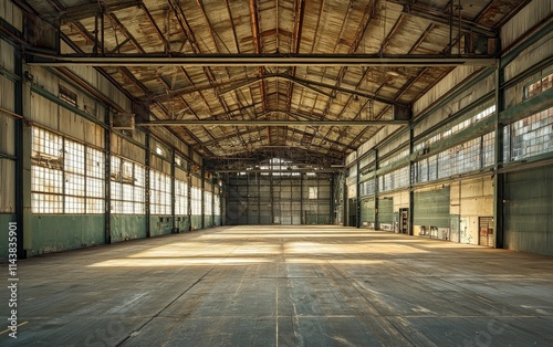 A spacious industrial warehouse with high ceilings and large windows, showcasing an empty interior.