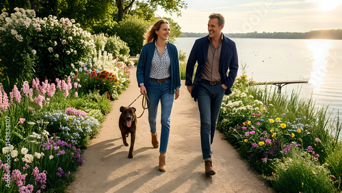 couple walking dag in the park