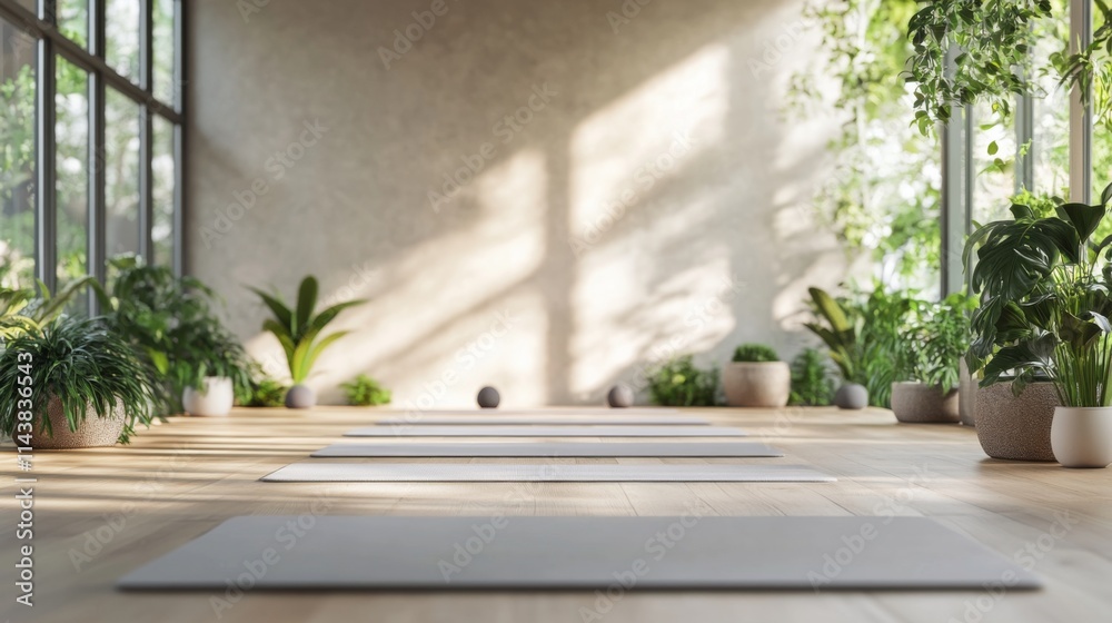 Sunlit yoga studio with plants, mats, and large windows. Sunlit yoga studio with plants, mats, and large windows.