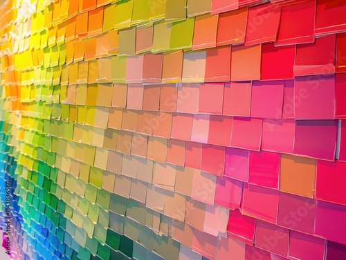 Wall of color swatches in gradient order, vibrant and organized display, bright and balanced lighting.