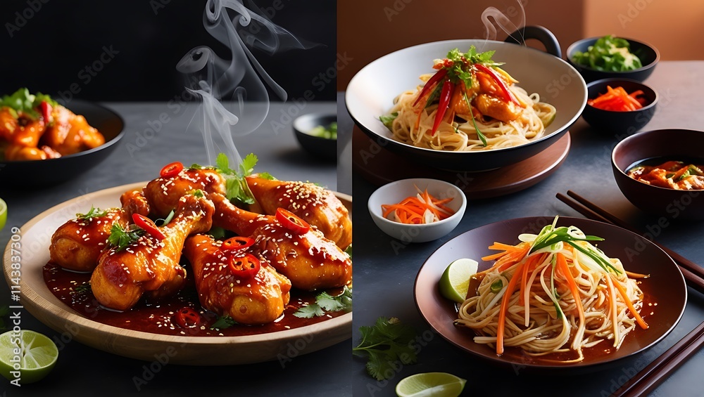 Indulge in the tantalizing presentation of spicy chicken dishes paired with savory noodles in this high-quality image. Perfectly cooked chicken, coated in a fiery, glossy sauce. Indulge in the tantalizing presentation of spicy chicken dishes paired with savory noodles in this high-quality image. Perfectly cooked chicken, coated in a fiery, glossy sauce.