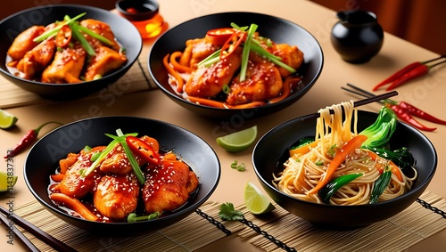 Indulge in the tantalizing presentation of spicy chicken dishes paired with savory noodles in this high-quality image. Perfectly cooked chicken, coated in a fiery, glossy sauce.
