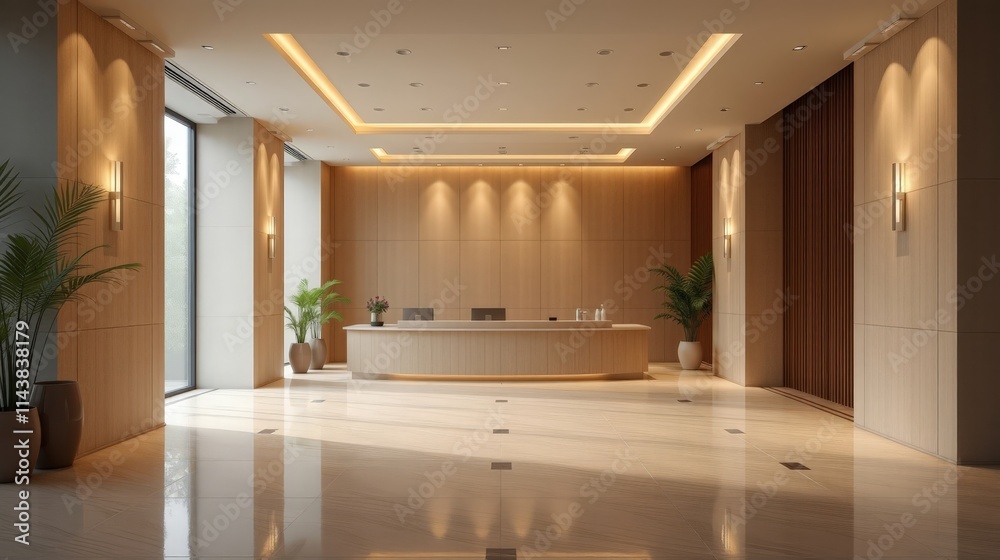 Modern Reception Area with Beige Walls and Tiled Floor Featuring Elegant Design Modern Reception Area with Beige Walls and Tiled Floor Featuring Elegant Design