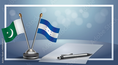 Pakistan and Honduras National flags on small table with bokeh background, cooperative relationship