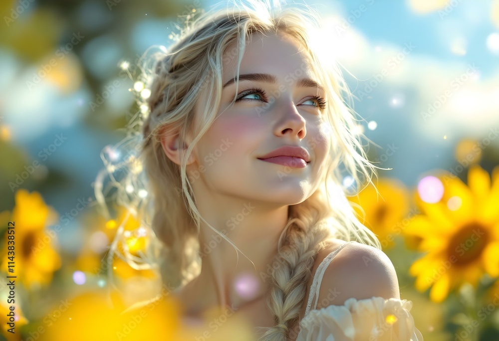Fototapeta premium Beautiful white, blonde Woman in Sunflower Field with Floral Crown - Summer Portrait