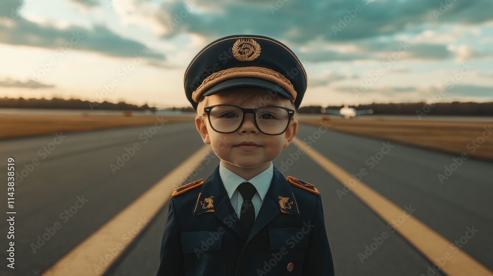 Young boy in pilot uniform on runway. Young boy in pilot uniform on runway.