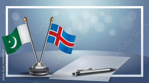 Pakistan and Iceland National flags on small table with bokeh background, cooperative relationship
