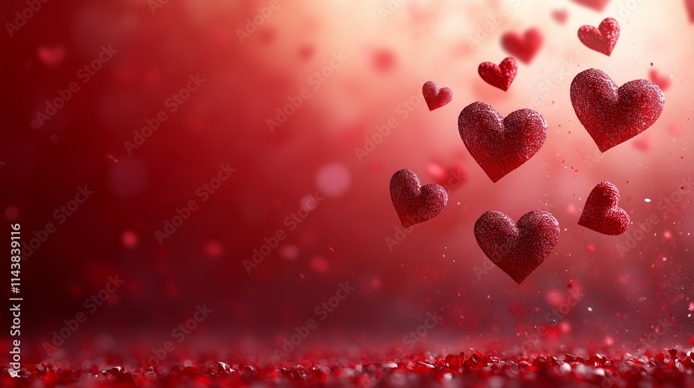Valentine's Day background with flying hearts, red and pink colors, banner design. Valentine's Day concept. Abstract blurred red background Valentine's Day background with flying hearts, red and pink colors, banner design. Valentine's Day concept. Abstract blurred red background