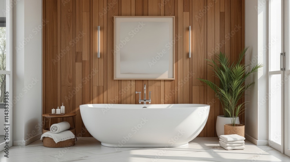 Elegant Bathroom Interior with White Tub and Wooden Wall Accent Elements