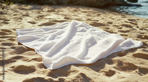 White beach towel on sandy beach near water. photo