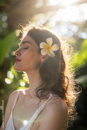 Woman with a flower in her hair, facing the sun, highlighting connection to nature and summer, soft natural light.