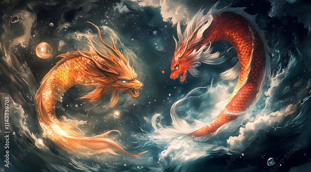 Two majestic dragons, one golden and one red, swirl in a dynamic dance amid swirling clouds and cosmic elements. Two majestic dragons, one golden and one red, swirl in a dynamic dance amid swirling clouds and cosmic elements.
