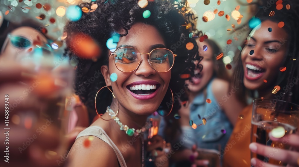 Joyful woman celebrates with friends at a glamorous party filled with confetti and sparkles Joyful woman celebrates with friends at a glamorous party filled with confetti and sparkles