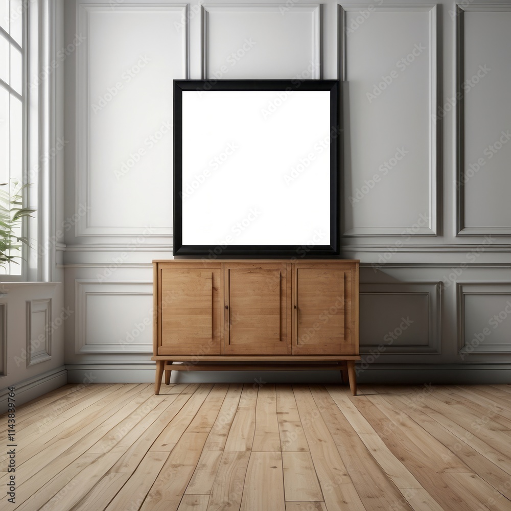 Fototapeta premium Blank Frame Above Wooden Cabinet In Room