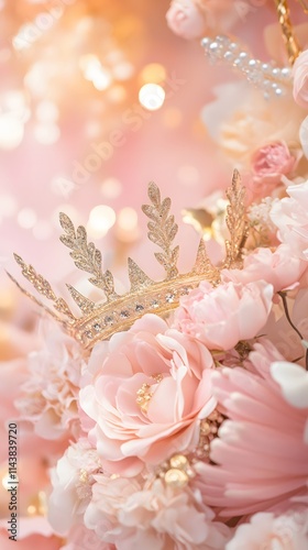 Gold crown on pink flowers, bokeh background. photo