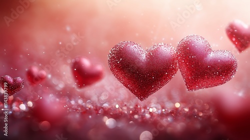 Valentine's Day background with flying hearts, red and pink colors, banner design. Valentine's Day concept. Abstract blurred red background