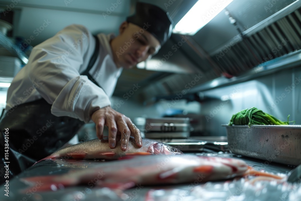 Working with fish, emphasizing professionalism and skill. Clean kitchen setting with soft lighting. Working with fish, emphasizing professionalism and skill. Clean kitchen setting with soft lighting.