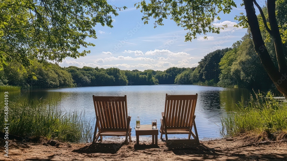 Fototapeta premium Two chairs by a calm lake under sunny skies.