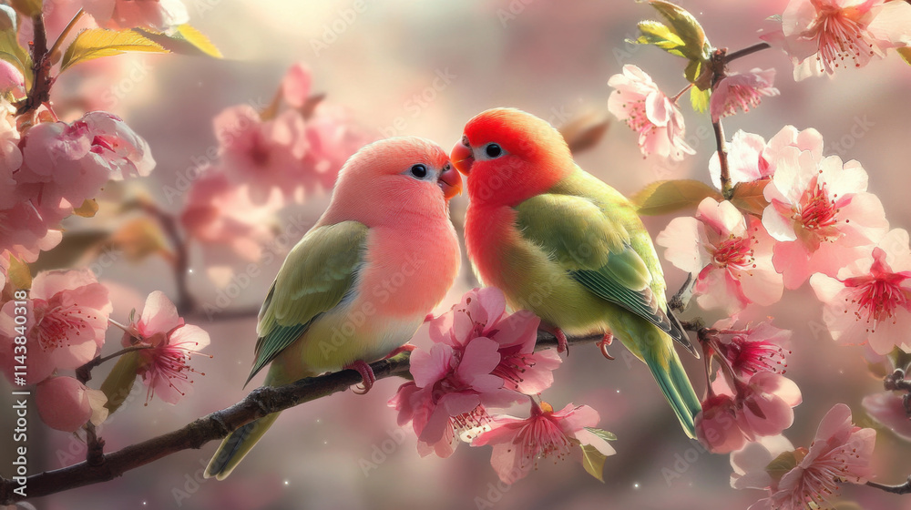 A Pair of Colorful Lovebirds Nestled Among Cherry Blossom Branches, Embodying Romance and Nature's Beauty in a Captivating Spring Scene A Pair of Colorful Lovebirds Nestled Among Cherry Blossom Branches, Embodying Romance and Nature's Beauty in a Captivating Spring Scene