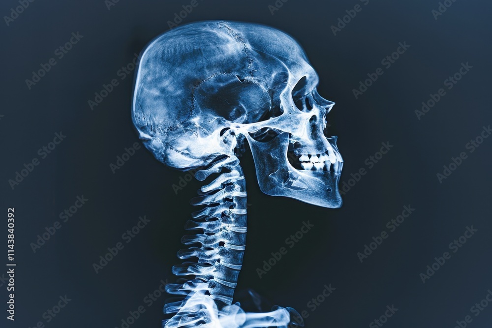 X-ray view of human skull and cervical spine, sharp and clear medical image, balanced lighting. X-ray view of human skull and cervical spine, sharp and clear medical image, balanced lighting.
