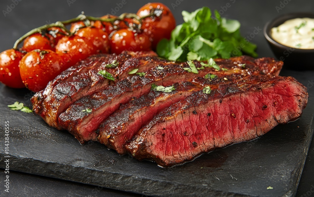 A beautifully cooked steak with grilled tomatoes and herbs on a slate platter. A beautifully cooked steak with grilled tomatoes and herbs on a slate platter.