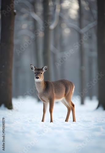 Wild Deer in Snowy Winter Forest