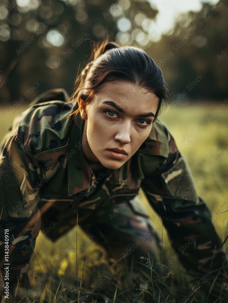 Young woman in military uniform doing physical exercises, focus and determination evident, outdoor setting with natural daylight. Young woman in military uniform doing physical exercises, focus and determination evident, outdoor setting with natural daylight.