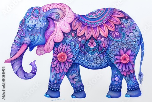 Ornate purple and pink elephant illustration with floral and mandala designs. photo