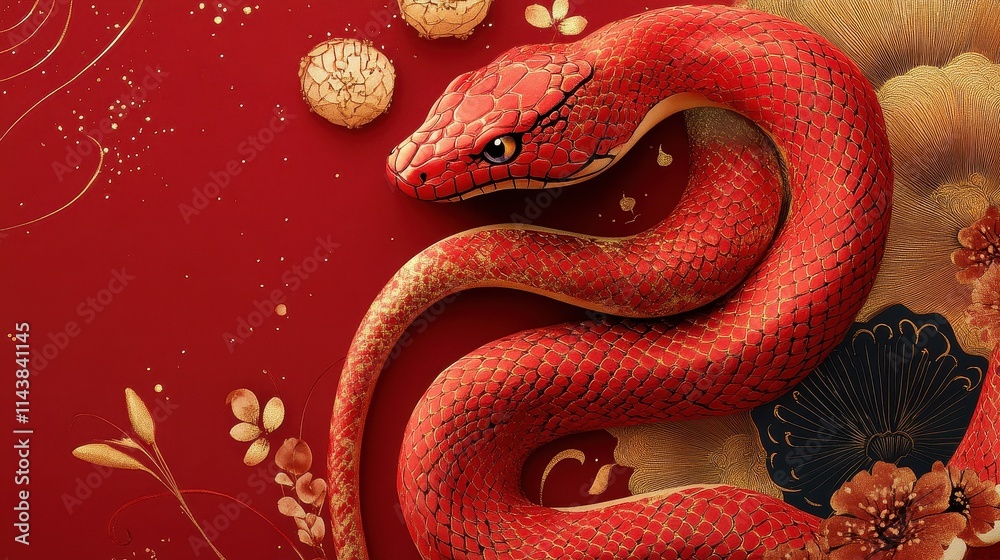 Obraz premium Happy Chinese New Year 2025,Year of the snake zodiac sign,Snake illustration and design,Asian elements gold paper cut style,Lunar new year concept,New Year card 2025.