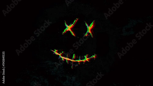 Creepy smiley face symbol motion animation with glitch effect. 4K quality