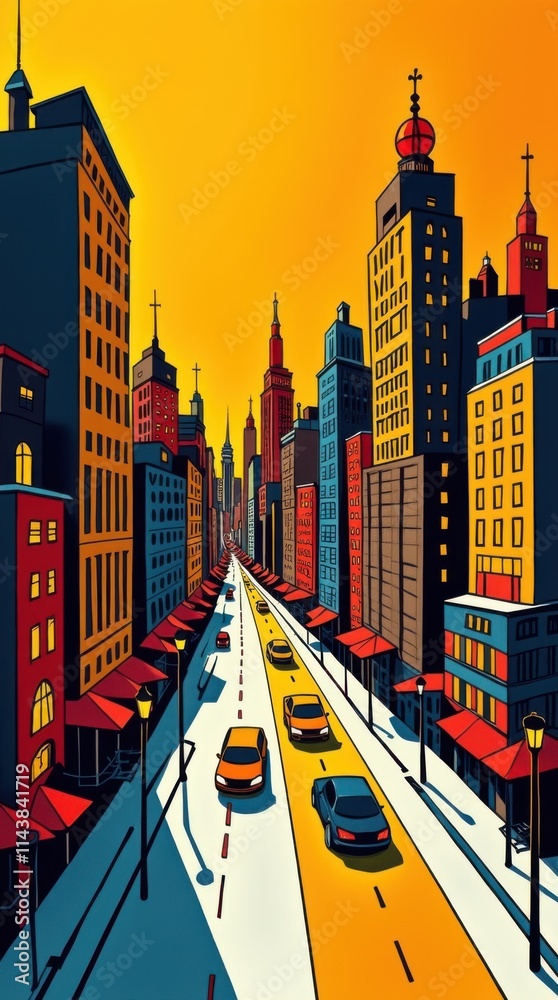 Obraz premium Pop Art Cityscape with Geometric Buildings and Bold Orange Sky