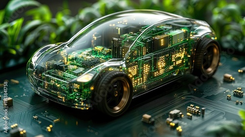 An electric car circuit board blending modern electric vehicle technology circuit design showcasing seamless integration automotive sustainability tech innovation eco-friendly transportation