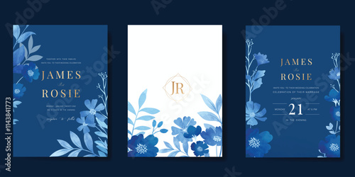 Elegant wedding invitation card background vector. Minimal hand painted blue indigo watercolor botanical flowers texture. Design illustration for wedding, vip cover, poster, rsvp modern card.