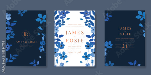 Elegant wedding invitation card background vector. Minimal hand painted blue indigo watercolor botanical flowers texture. Design illustration for wedding, vip cover, poster, rsvp modern card.