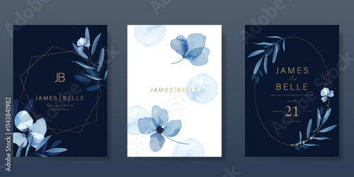 Elegant wedding invitation card background vector. Minimal hand painted blue indigo watercolor botanical flowers texture. Design illustration for wedding, vip cover, poster, rsvp modern card.