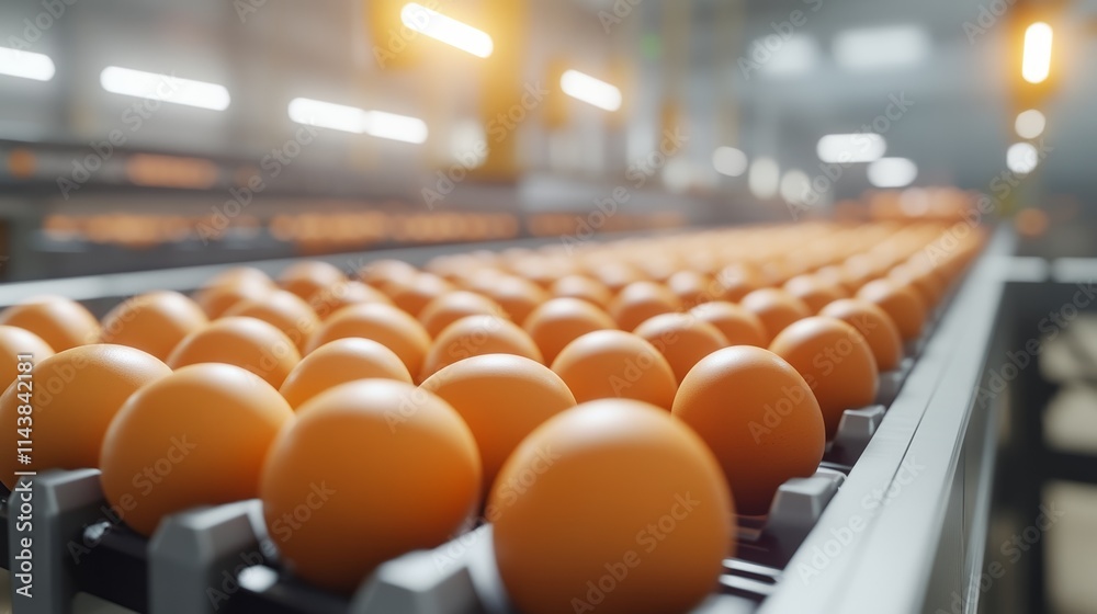 Fototapeta premium Egg Production Plant Implementing Automation with Conveyor Full of Eggs in Motion