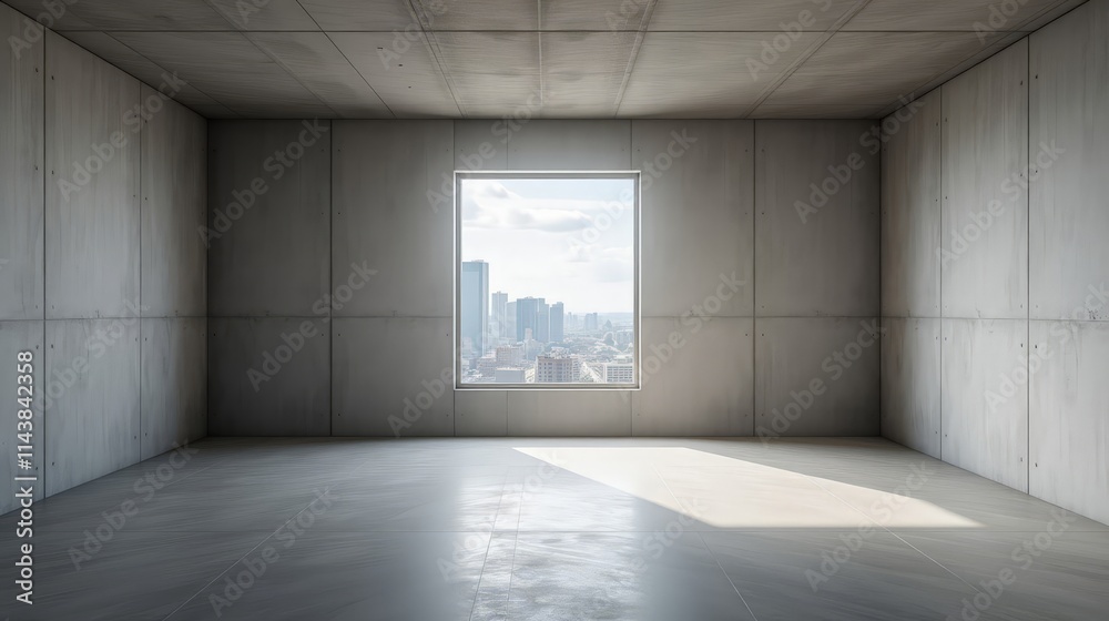 Minimalist Concrete Gallery Interior with City View and Natural Daylight Minimalist Concrete Gallery Interior with City View and Natural Daylight