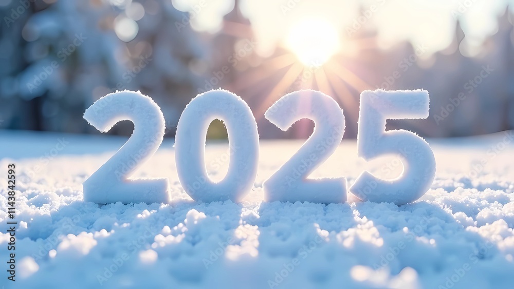 2025 written on snow in winter landscape. Spring season transition 2025 written on snow in winter landscape. Spring season transition