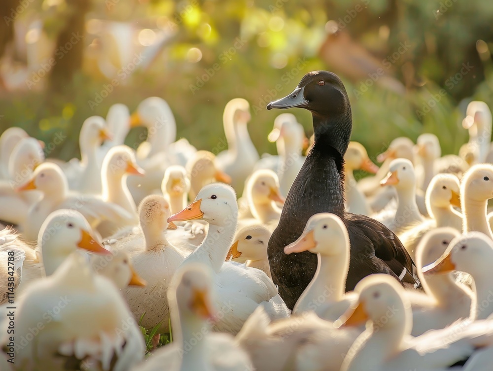 Obraz premium A black duck among white ducks, standing out and symbolizing uniqueness. Bright, natural lighting.