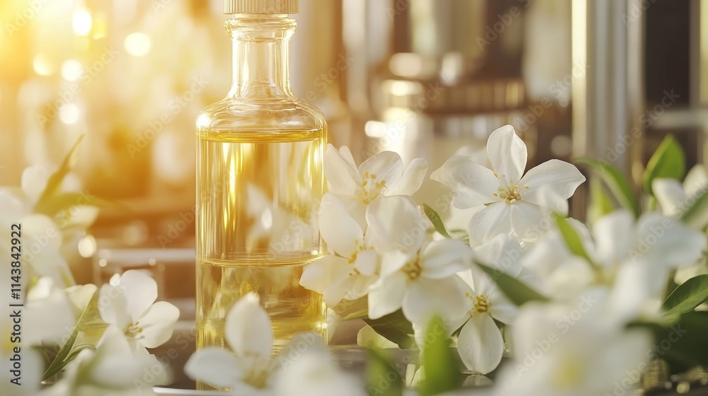 Machine Extracts Jasmine Essence into Glass Bottles with White Flowers Surrounding Setup Machine Extracts Jasmine Essence into Glass Bottles with White Flowers Surrounding Setup