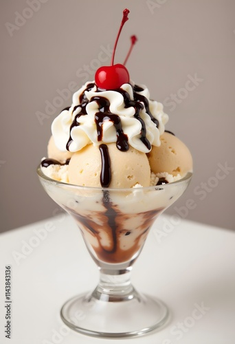 Delicious Ice Cream Sundae with Cherry and Chocolate Sauce
