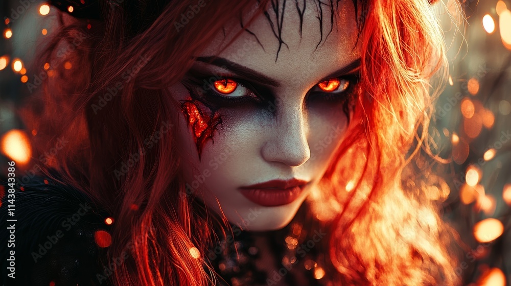 Stunning Woman with Fiery Red Hair and Black Horns in a Fantasy Setting Stunning Woman with Fiery Red Hair and Black Horns in a Fantasy Setting