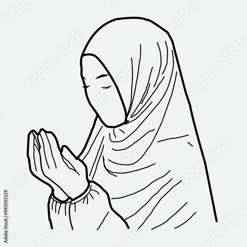 One single line drawing of a muslim lady with head scarf. Beautiful girl wearing hijab praying, isolated on a white background. Vector illustration, outline of a faceless woman.