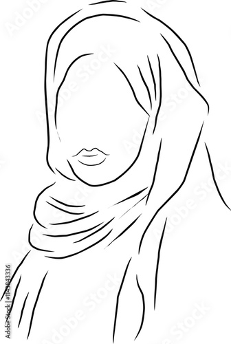 One single line drawing of a muslim lady with head scarf. Beautiful girl wearing a hijab poses, isolated on a white background. Vector illustration, outline of a faceless woman.